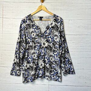 Carole Little Sweater Womens Size XL Blue, Black & White Floral Silk Blend